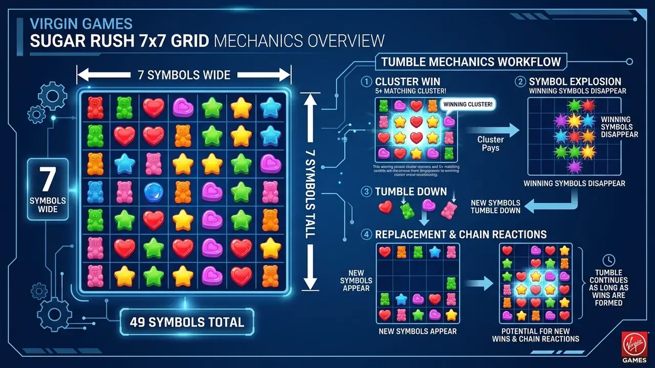 Sugar Rush slot 7x7 grid and cluster mechanics visual diagram